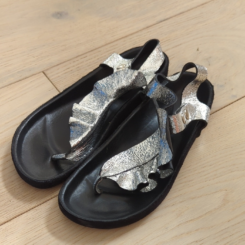 Silver and Black Sandals with Ruffle Detail